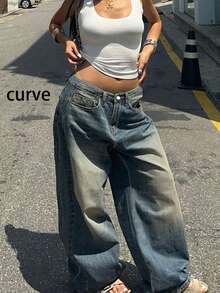 Plus Size Retro Casual Loose Straight Leg Denim Maxi Pants, Fashion & Versatile
