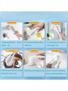 Multifunctional Electric Rotating Washer, Five Interchangeable Brush Heads, Rechargeable Electric Cleaning Brush Set - Multifunctional Handheld Brush, USB Charging, Medium Hardness, Suitable For Bathrooms, Kitchens, Bedrooms, Living Rooms, Toilets - Household Cleaning Tool Set With Handle - Xanh và trắng - Xem 9