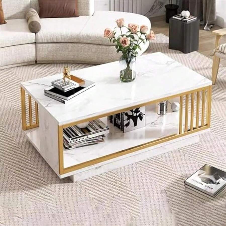 Modern White&Gold Rectangular Coffee Table (39.4*19.7*15.7in), Iron+MDF(PVC Veneer, Marble Pattern), High Gloss Surface, 55.12lb Load, 2 Tiers(Large Storage), Guardrails(Anti-Fall), For Living Room/Sofa Side/Office - 金色,白色 - 查看 1