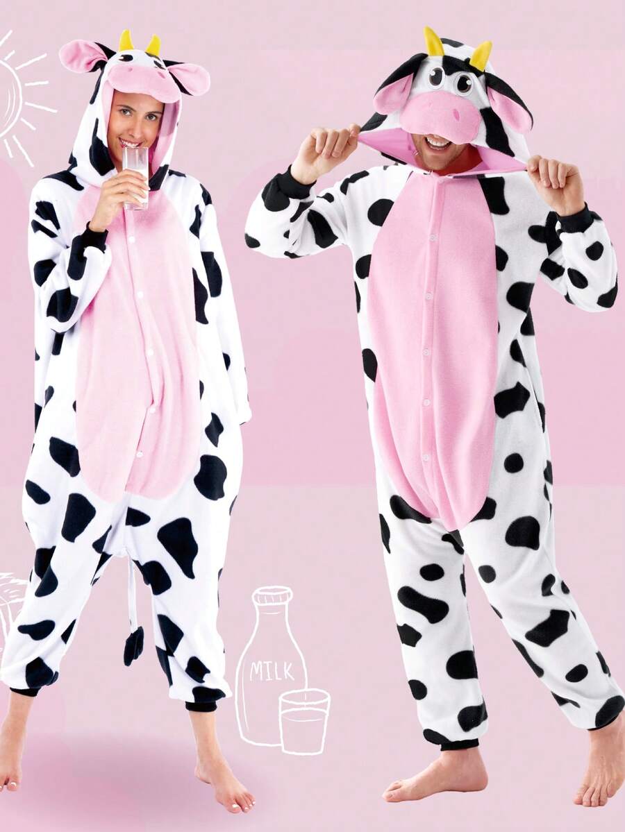 Joyfy Unisex Adult Cow Halloween Costume Pajama Plush Jumpsuit One Piece Cow Animal Costume, Hooded Jumpsuit Costume For Themed Cosplay Party - 彩色 - 查看 1