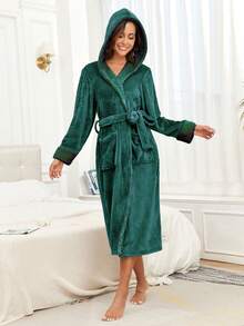 1pc Solid Color Long Hooded Thick Bathrobe, Luxury Flannel Tie-Waist ...