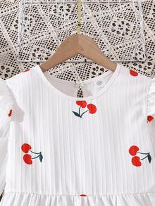 Left Mama Vestido blanco de manga larga con estampado floral y de cerezas elegante para niñas, primavera/otoño