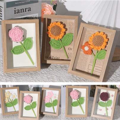 Marcos de fotos con ramo de girasoles tejidos a mano, flores de ganchillo, marco de madera, adorno de escritorio, manualidades, regalos, decoración del hogar para regalo de cumpleaños, regalo de graduación