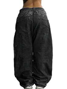 Women's Hip Hop Baggy Jeans Wide Leg Mid-Low Waist Jeans Loose Boyfriends Jeans 90s Vintage Denim Pants - 黑色-1 - 查看 3