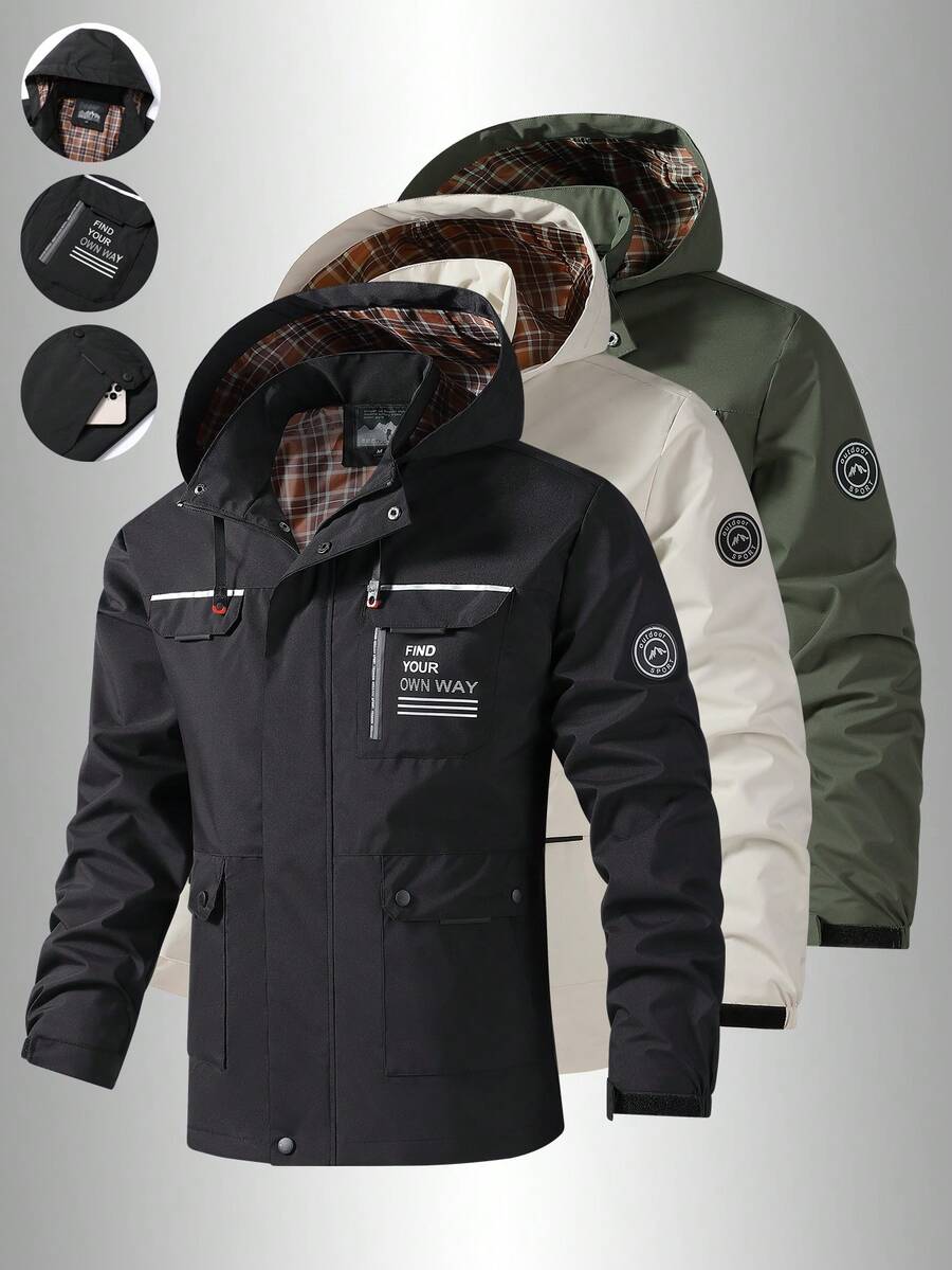 Men's Hooded Jacket - Multi-Pocket, Outdoor Hiking Jacket With Adjustable Hood, Streetwear For Spring And Autumn Travel - Black - View 1