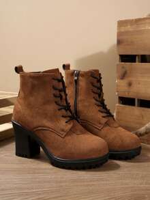 Botas de Tornozelo de Salto Alto Marrom Femininas, Botas de Plataforma Impermeáveis de Bico Redondo na Moda com Salto Grosso, Botas Curtas Versáteis de Inverno/Outono Novas com Zíper Lateral Marrom e Botas de Tornozelo, Botas Curtas de Salto Alto de Cor Sólida, Botas de Vestido de Salto Alto, Botas Curtas Femininas com Cadarço na Frente