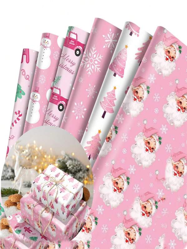 6 peças de papel de embrulho de Natal preto e dourado, rosa com padrões de árvore de Natal, Papai Noel, floco de neve, boneco de neve, homem-biscoito, adequado para artesanato "faça você mesmo", reuniões familiares, presentes de Natal no escritório, véspera de Natal, presentes de Natal, decoração de caixa de presente, decoração de parede para festas de fim de ano, festa de aniversário, Feliz Natal!