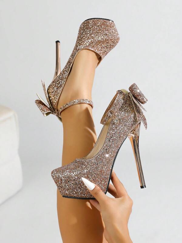 14cm Tacón ultra alto de tela brillante con lazo casual, hebilla con brillo y cristales, tacón súper alto impermeable y plataforma, zapatos de mujer adecuados para fiesta, vacaciones, boda, oficina, exterior, todas las estaciones