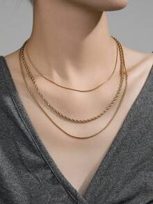 Unisex Stainless Steel Layered Twisted Chain Necklace Minimalist Fashion Jewelry - Gold - View 2