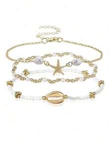 Set de 3 piezas de pulseras de verano con estilo de playa, con estrella de mar y concha de metal y cuentas de vidrio para mujeres - Multicolor - Ver 7