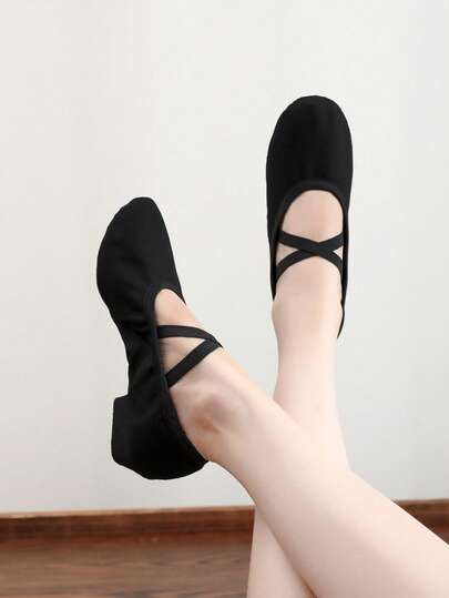 2.5厘米低跟黑色软底弹力舞蹈鞋，室内/室外运动鞋，芭蕾平底鞋，适合拉丁舞、现代舞、舞厅表演，舒适、耐穿、轻便