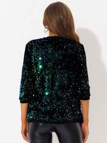 Women's Sequin Cardigan Christmas 3/4 Sleeve Open Front Party Velvet Sequin Jackets - 綠色 - 查看 4