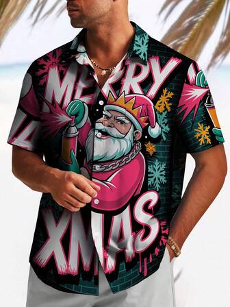 Herrskjorta i plusstorlek med jultomten och snöflingetryck, pikékrage och ficka, kortärmad, avslappnad, mode för högtider, semester, utomhusbruk