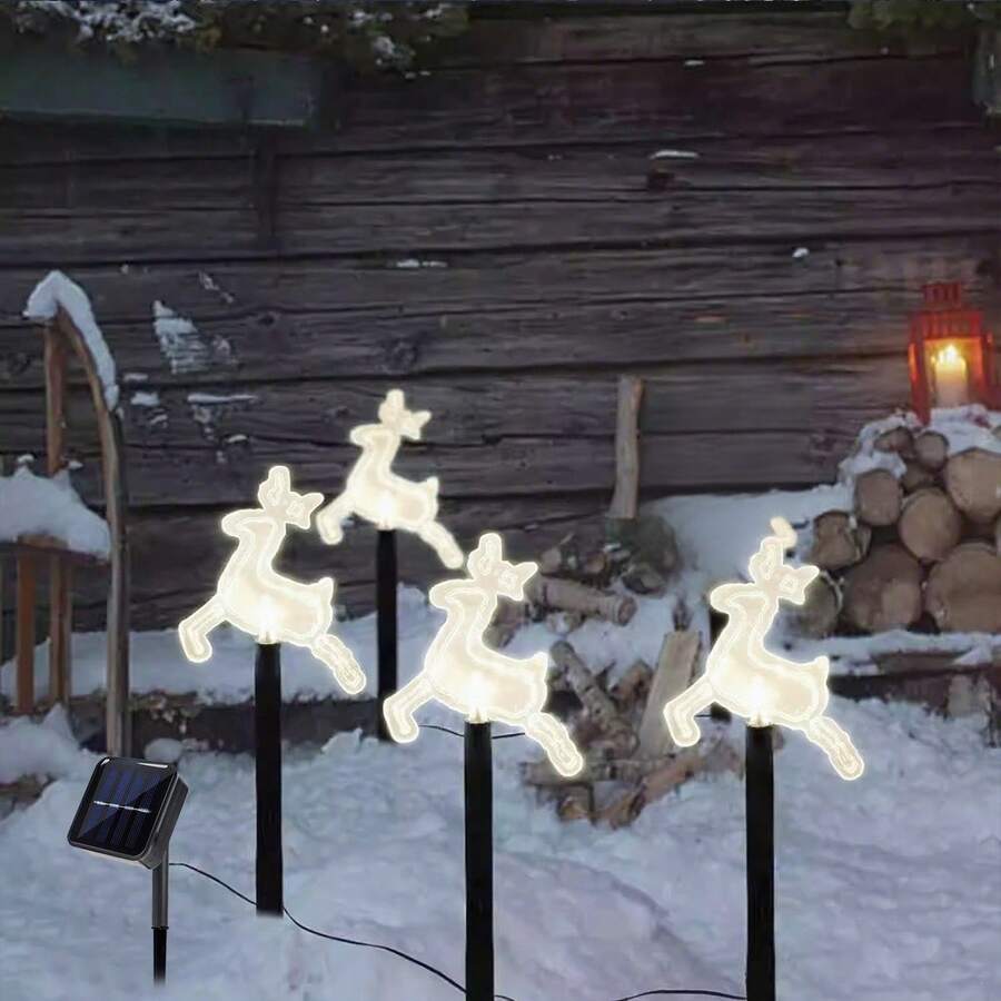 1 Confezione 4 LED Renne, Campanelle, Fiocchi di Neve, Pentagramma Luci da Percorso Natalizie Impermeabili Alimentate a Energia Solare Lampada da Paesaggio Adatta per Casa, Giardino, Patio, Passaggio, Vialetto, Prato, Decorazione Natalizia per Feste all'Aperto