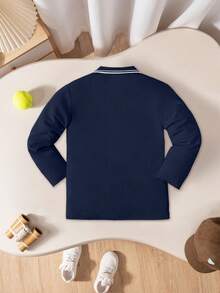 قميص بولو كلاسيكي كاجوال للأولاد مطرز بتصميم فارس، بأكمام طويلة، باللون الأزرق الداكن، مناسب للخروجات اليومية والسفر والتجمعات والأنشطة الخارجية - أزرق غامق - مشاهدة 2