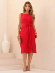 Dress With Sophisticated Fit And Front Knot Knot Knot In The Front - Red - View 3