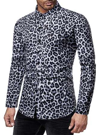 Men's Leopard Print Shirt, Casual Turndown Collar Slim Fit Button Down Long Sleeve Shirt, Outdoor Casual, Suitable For All Seasons