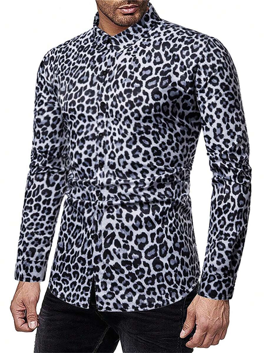 Men's Leopard Print Shirt, Casual Turndown Collar Slim Fit Button Down Long Sleeve Shirt, Outdoor Casual, Suitable For All Seasons