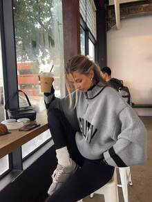 Modny damski, sportowy, casualowy sweter na jesień i zimę w stylu retro z żakardowym wzorem, zapięcie na zamek błyskawiczny z wysokim kołnierzem, długi sweter z dzianiny