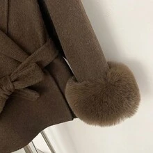 OFTBUY Solid Color Long Sleeve Loose Waist Belt Faux Fur Patchwork Wool Blend Jacket, Casual Street Style For Autumn/Winter & Holidays - Coffee Brown - View 7