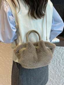 Autumn/Winter New High-End Pleated Cloud Fluffy Faux Rabbit Fur Handbag, Versatile Lady-Like Fuzzy Elegant Belt Decor Shoulder Bag, Suitable For Commuting, School, Shopping, Vacation, Party - Multicolor - View 8