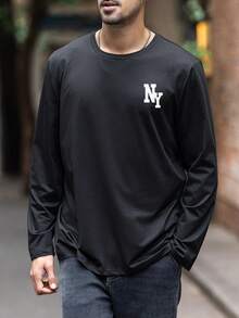 Krometka 男士百搭秋季单品 | 杏色圆领纽约元素印花长袖T恤，适合送给丈夫、男友或朋友 - 黑色 - 查看 3