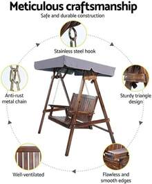 Gardeon Outdoor Swing Chair Wooden 3 Seater Teak Garden Hanging, Patio Baconly Furniture Chairs, With Adjustable Canopy Cushions Stand Resistant 360kg Capacity - Mô hình 1 - Xem 7