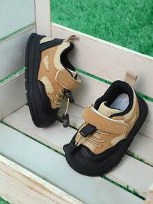 1 Pair Khaki Hook And Loop Baby Sports Shoes With Lace Decor, Mesh Material, Fashion, Comfortable, Versatile, Non-Slip, Durable, Suitable For Toddlers, Daily Wear