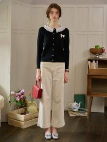 Simple Retro 女士撞色缝线蝴蝶结圆领开衫 - 黑色 - 查看 3