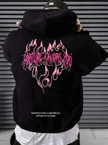 Hombre003-1 Sudadera con capucha de alta calidad, moda y cómoda, con bolsillos y cordones, lavable a máquina, envío local Sudadera con capucha negra atractiva, estampado de letras en llamas rosadas y frase inspiradora al detrás. - Negro - Ver 1