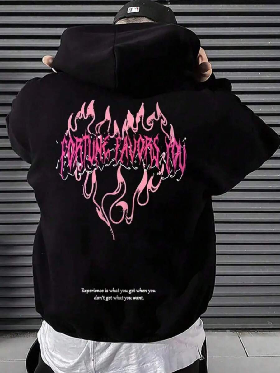 Hombre003-1 Sudadera con capucha de alta calidad, moda y cómoda, con bolsillos y cordones, lavable a máquina, envío local Sudadera con capucha negra atractiva, estampado de letras en llamas rosadas y frase inspiradora al detrás. - Negro - Ver 1