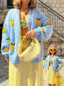 2025 New Fashion V-Neck Sweet Loose 3D Embroidered Lemon Graphic Knit Cardigan Sweater Jacket, Women Modest, Party, Y2K, Going Out, Concert, Date Night Tops - Blue - View 4