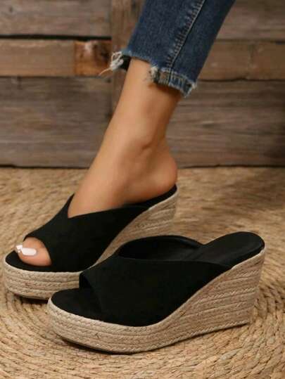 Sandálias de plataforma de corda com decote em V de veludo aberto no dedo do pé feitas à mão