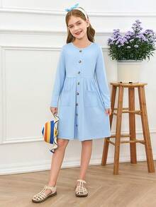 Girls Dresses Kids Button Down Midi Long Sleeve Casual A Line Dress With Pockets 4-14 Years - Xanh nhạt - Xem 4