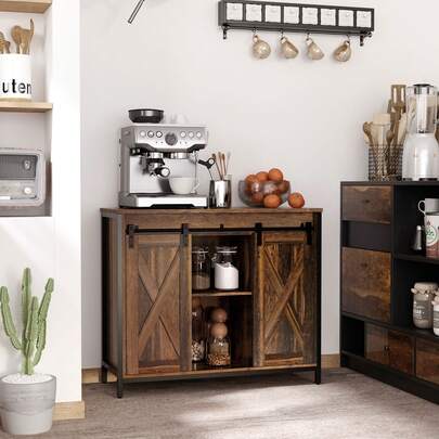 HOMCOM Industrial Sideboard, Buffet Cabinet With Sliding Barn Doors, Storage Cabinets And Adjustable Shelves For Living Room, Kitchen, Home Bar, Rustic Brown