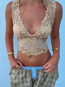 Sequin Halter Top For Women Deep V Neck Beaded Lace Crop Tops Y2K Sparkly Glitter Tank Top Going Out Rave Outfits - Màu vàng - Xem 1