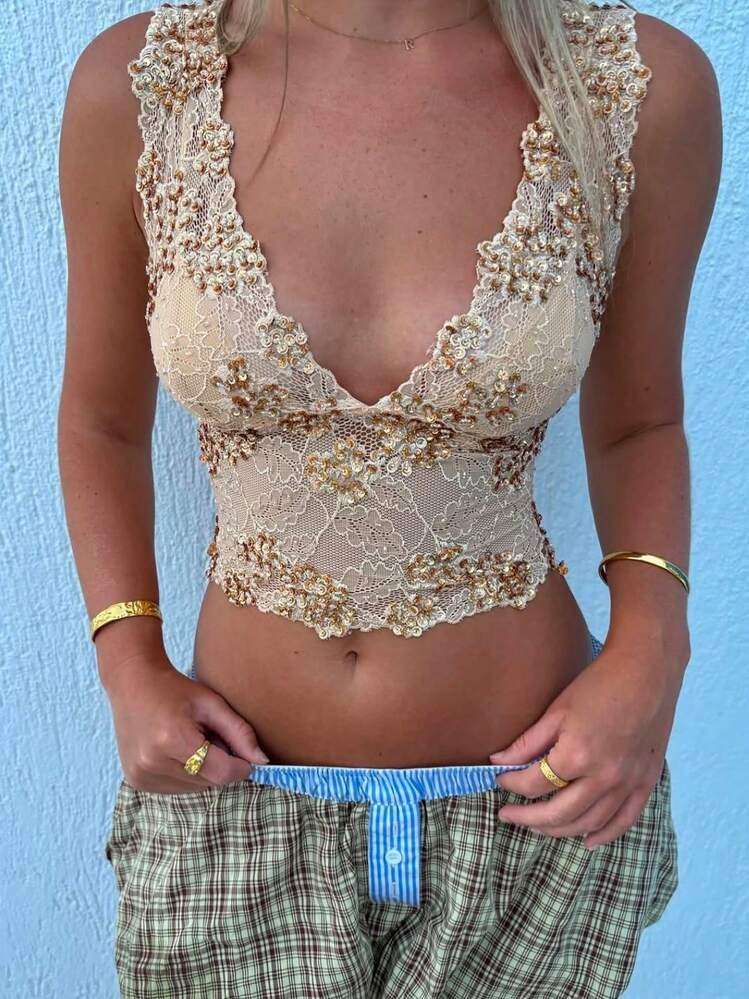 Sequin Halter Top For Women Deep V Neck Beaded Lace Crop Tops Y2K Sparkly Glitter Tank Top Going Out Rave Outfits - Màu vàng - Xem 1