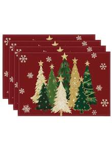 2 piezas Juego de manteles individuales con diseños de árboles de Navidad, copos de nieve y motivos invernales, de 12x18 pulgadas, manteles navideños rojos con árboles de Navidad, manteles de lino rosa y dorado con diseños festivos de Navidad y Año Nuevo para decorar la mesa del hogar, restaurante o cocina en celebraciones familiares y fiestas