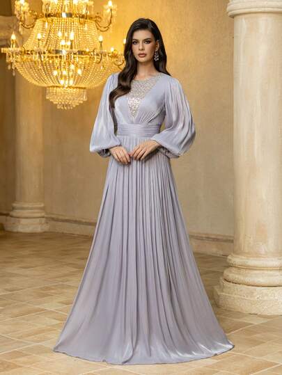 Robe de soirée longue près du corps pour femmes UNITHORSE avec encolure ronde, manches lanternes, imitation lyocell, ornée de perles montées à la main et ajustée