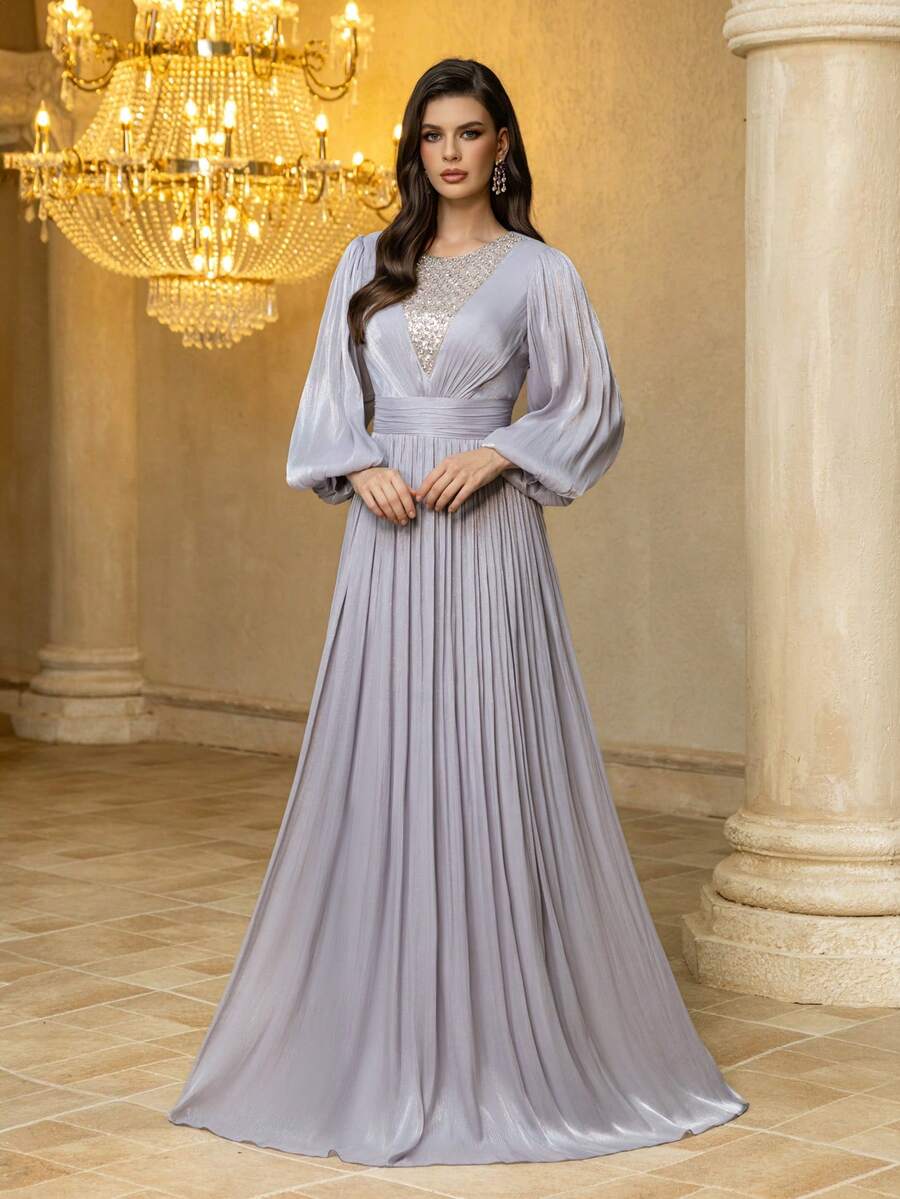 Đầm dạ hội dài ôm sát người UNITHORSE dành cho nữ, cổ tròn, tay phồng, chất liệu sợi rayon, được làm thủ công và đính cườm.