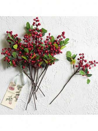 6pcs 9inVersatile Artificial Holly Red Berry Stems,Christmas Holly Leaves Berries Flower Stems, Home Decoration Wreath, For Stunning Decor Floral.