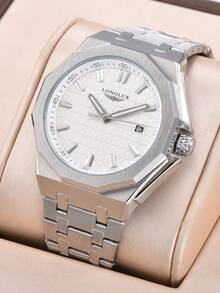 LONGLUX 1pc Men's Automatic Mechanical Watch With Calendar, Butterfly Buckle Steel Band, Waterproof, Casual & Minimalist Design