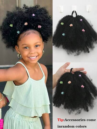 (Accessories Come In Random Colors) 8-Inch Long Curly Wig For Kids - Voluminous Afro Puff With Elastic Hair Band, Perfect For Short Hair, Easy To Style 1pc