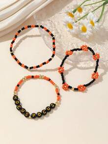 3pcs/Set Halloween Beaded Letter & Floral Elastic Bracelet For Women, Fashionable & Versatile