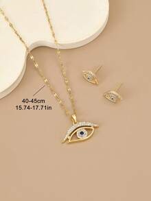 1pc Luxury Crystal Devil's Eye Stainless Steel Necklace, 1 Pair Luxury Crystal Devil's Eye Stainless Steel Earrings, Earrings, Gold Earrings, Gold Jewelry, Gold Necklace, Gold Accessories, Gold Jewelry Set, Women Accessories, Fall - Yellow Gold - View 4
