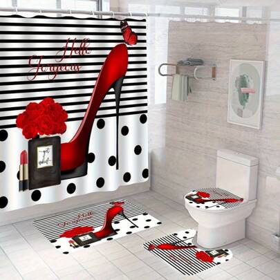 Luksusowy czerwony zestaw łazienkowy z wysokimi obcasami i nadrukiem motyli: zawiera zasłonę prysznicową 71" x 71", 12 darmowych haczyków i 4 pasujące akcesoria (matę, dywanik i 2 pokrowce) - idealny do kobiecego i modnego wystroju łazienki. Wystrój świąteczny