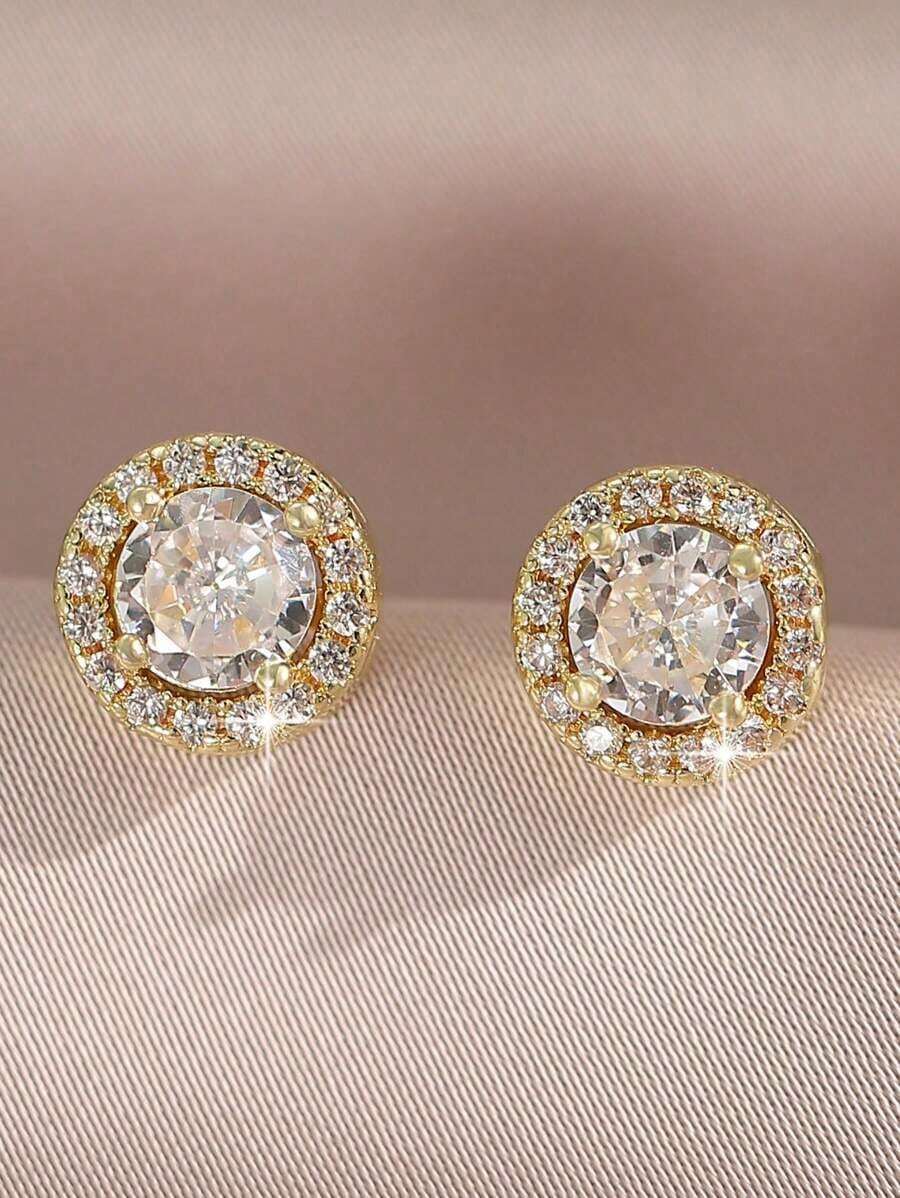 1 Pair Round Cubic Zirconia Decor Stud Earrings For Women Wedding Dresses Dating Gift - Vàng - Xem 1