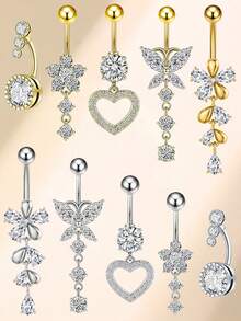5 件/套身体首饰套装，配有方晶锆石装饰，包括心形、花朵和蝴蝶形肚脐环，适合女性日常佩戴情人节、妈妈、母亲、母亲节、礼物 - 5件肚臍環 - 查看 10