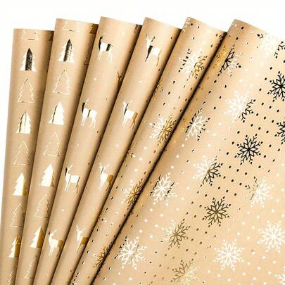 6pcs Christmas Gift Wrapping Paper - Gild Xmas Packaging Paper With Elk Snowflake Tree Pattern For Birthday, Holiday, Party Supplies