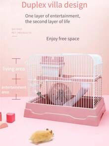 双层便携式仓鼠笼 - 迷你城堡栖息地，带滚轮、水瓶和食盆 - 适用于仓鼠/小鼠的通风旅行笼（蓝色/粉色/灰色）